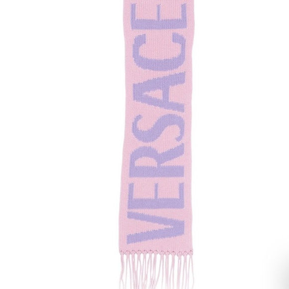 NWT Versace Intarsia Chunky Pink Light Purple Knit Wool Fringe Scarf MyTheresa - Picture 13 of 17